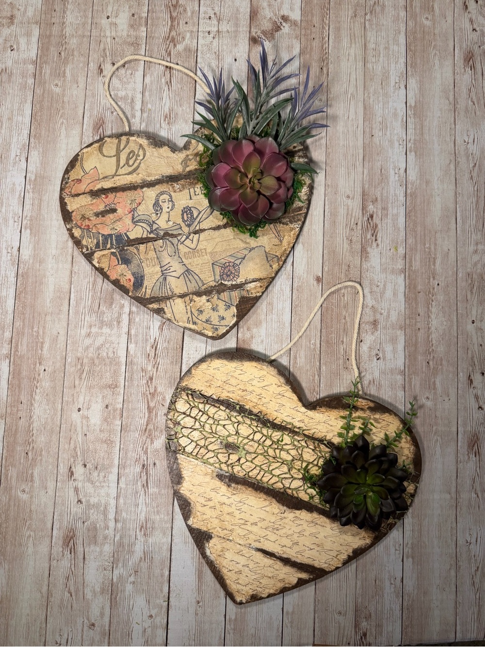 Handmade Distressed Wood Heart Wall Decor with Faux Greenery - Set of 2